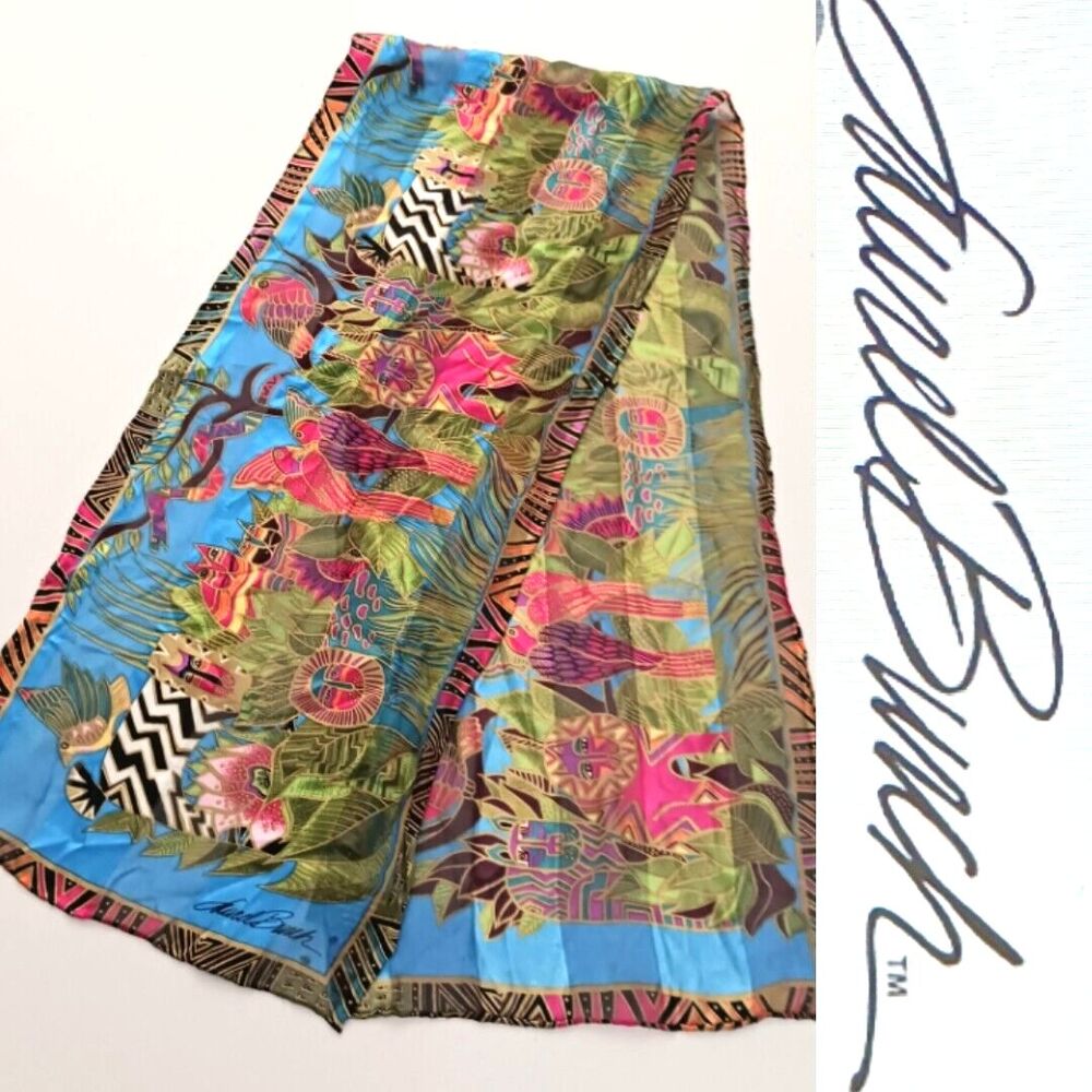 Laurel Burch 100% Silk Scarf Bright Jungle Print Cats 11X50 Rolled Edge